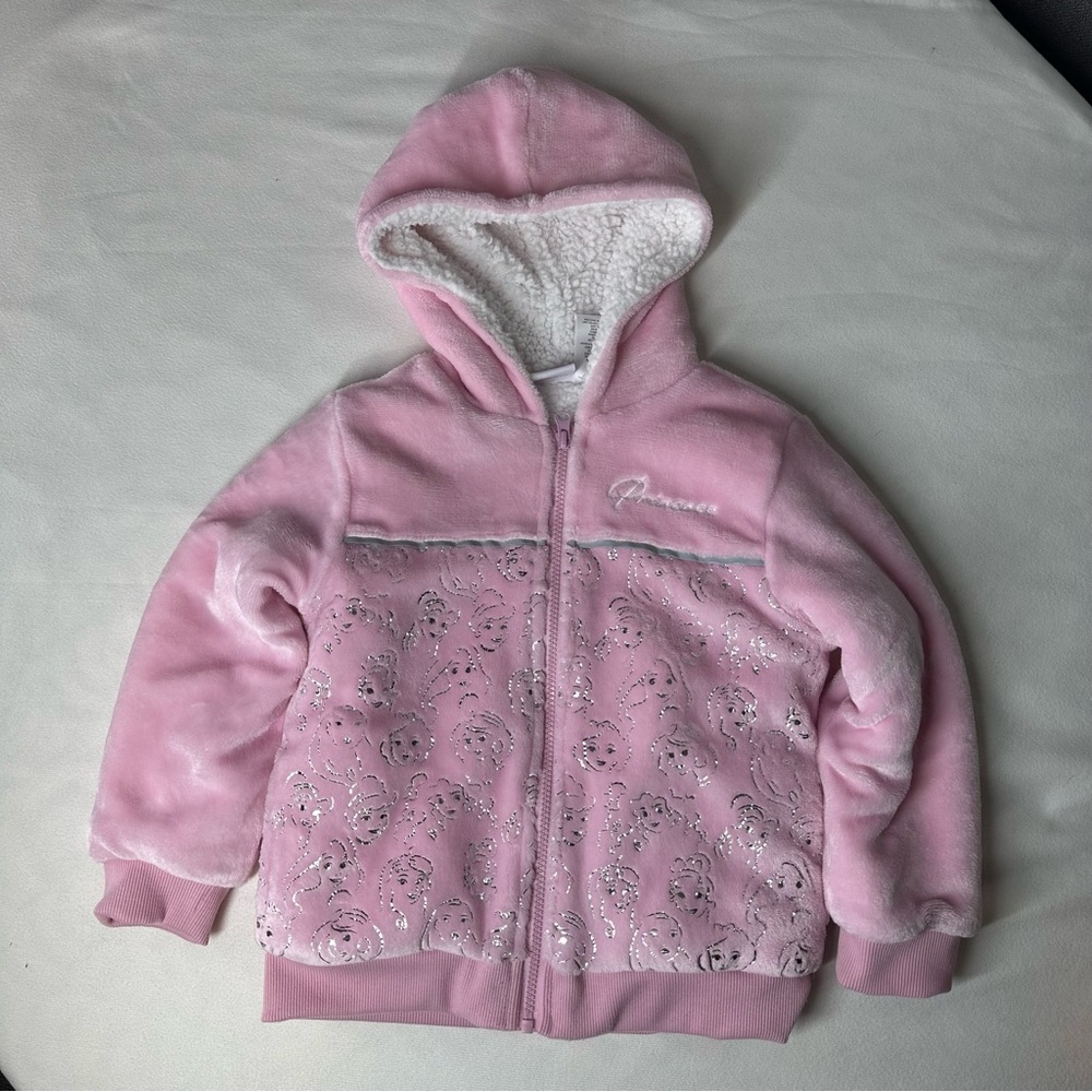 Disney Princess Pink Sherpa Zip Hoodie Girls Size 6 Cozy Glitter Jacket